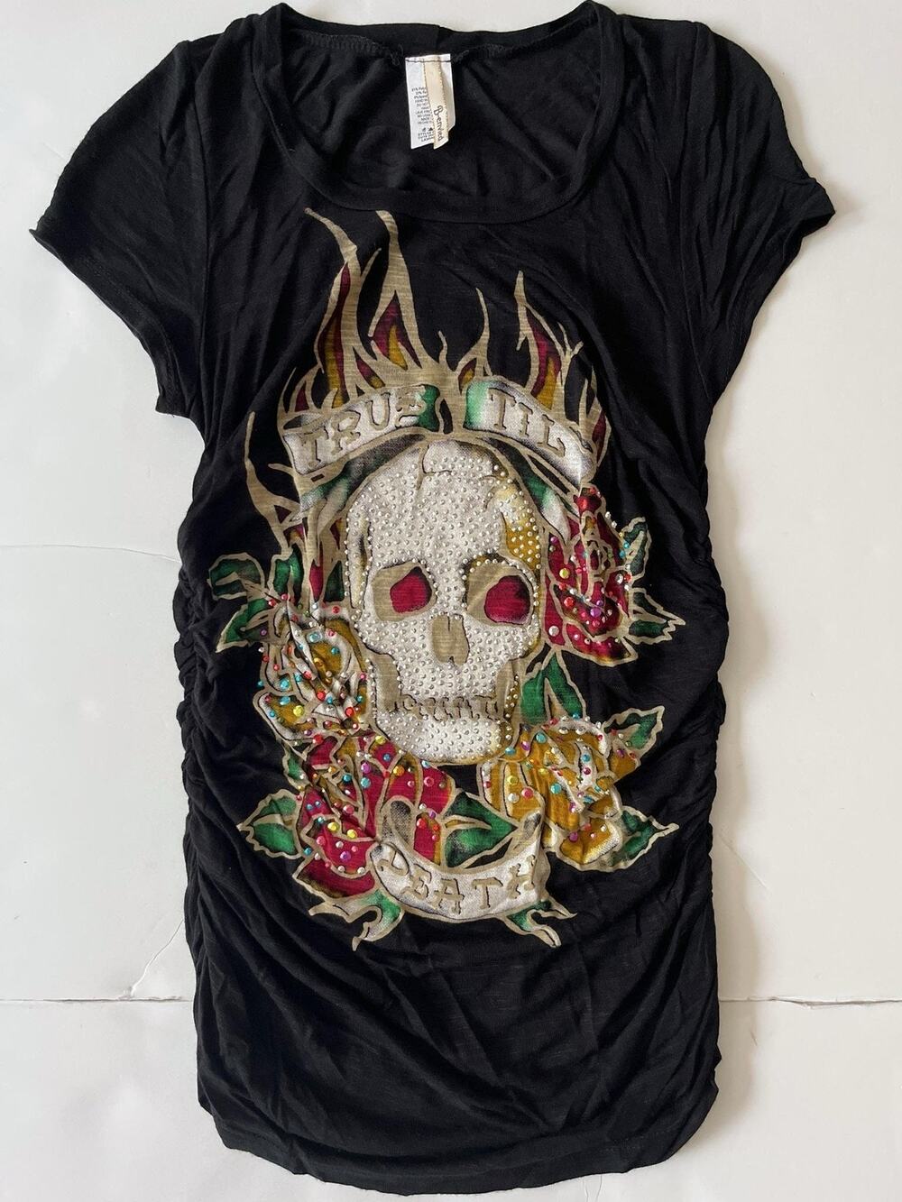 B Envied T Shirt Teens L Black True Til Death Graphic Skull Rhinestone Tunic